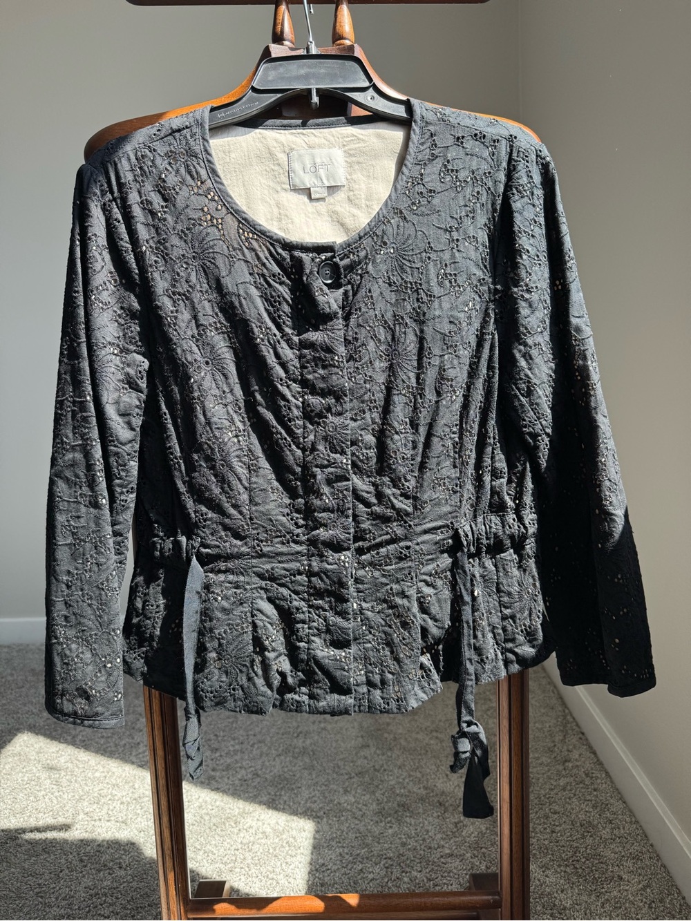 LOFT Eyelet Lace Jacket Women Size 12 Black Cotton Peplum Cropped Embroidered
